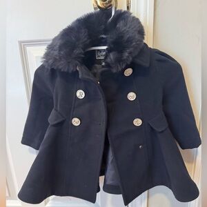 Rothschild 2T Navy Girls Pea Coat with Faux Fur Collar